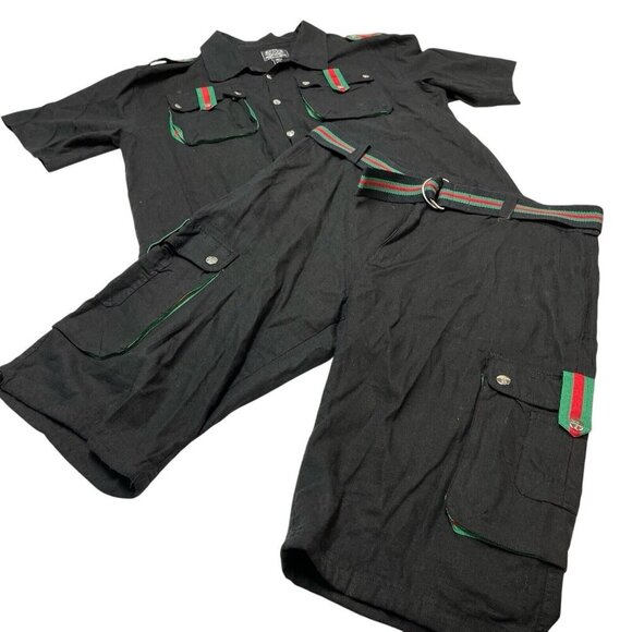 Z‎ Brand Cargo Short Shirt Set Mens 2XL Black Linen Blend Button Down Streetwear - Picture 2 of 16